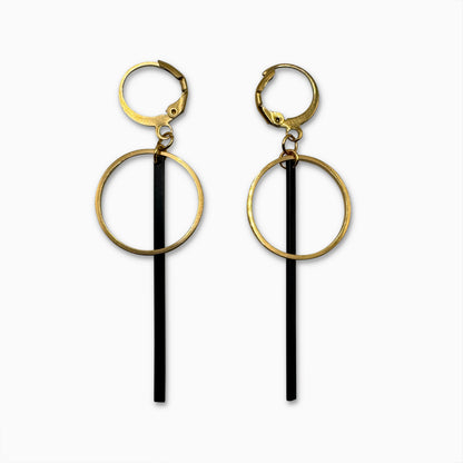 "Le Contour" Mixed Metal Gold & Black Bar Drop Earrings