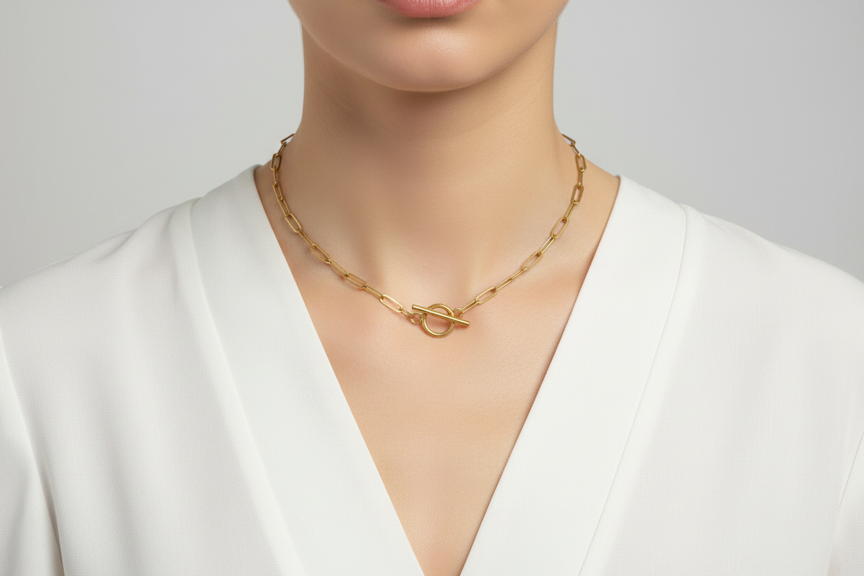 Gold Paperclip Chain Necklace with White Blouse
